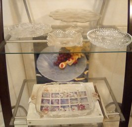 6 Piece Glass Serving Dishes - Cake Stand, Platters, Including Mikasa & Vintage. SAK/B2