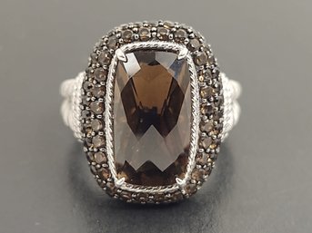 DESIGNER JUDITH RIPKA STERLING SILVER SMOKY QUARTZ RING