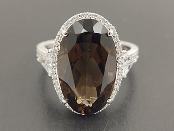 DESIGNER JUDITH RIPKA STERLING SILVER SMOKY QUARTZ & CZ RING