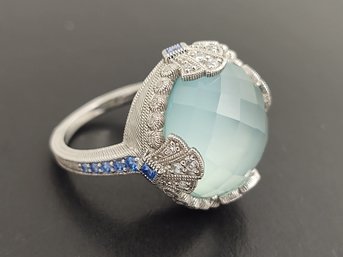 DESIGNER JUDITH RIPKA STERLING SILVER ICE BLUE QUARTZ & BLUE CZ RING