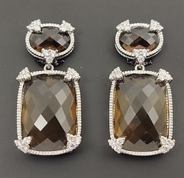 DESIGNER JUDITH RIPKA STERLING SILVER SMOKY QUARTZ & CZ EARRINGS