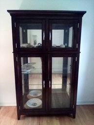 Sleek Wood & Glass Curio Cabinet With 2 Sections, Mirrored Interior Back, Light & 2 Glass Shelves     BR1