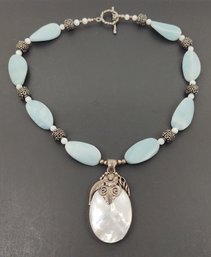 DESIGNER MERAN STERLING SILVER MOTHER OF PEARL & BLUE STONE NECKLACE