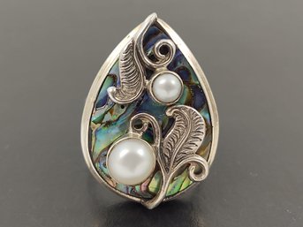 DESIGNER MERAN STERLING SILVER ABALONE & PEARL RING