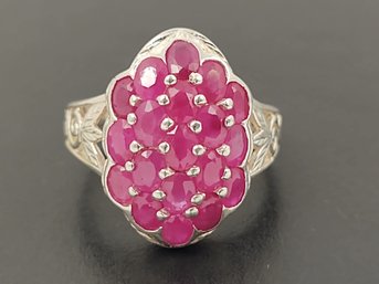 STUNNING STERLING SILVER RUBY CLUSTER RING