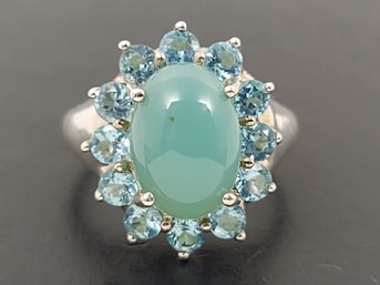 BEAUTIFUL STERLING SILVER BLUE GREEN CHALCEDONY CABOCHON & CZ RING