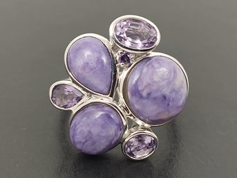 BEAUTIFUL STERLING SILVER AMETHYST & CHAROITE RING