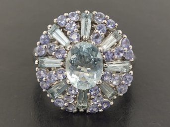 STUNNING STERLING SILVER TANZANITE & AQUAMARINE RING