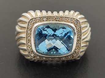 STUNNING STERLING SILVER BLUE TOPAZ & DIAMOND RING