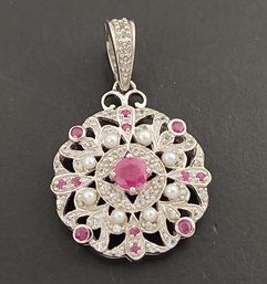 STUNNING STERLING SILVER RUBY PEARL & WHITE TOPAZ PENDANT