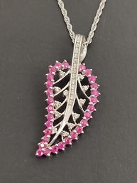 STUNNING STERLING SILVER RUBY & DIAMOND LEAF NECKLACE