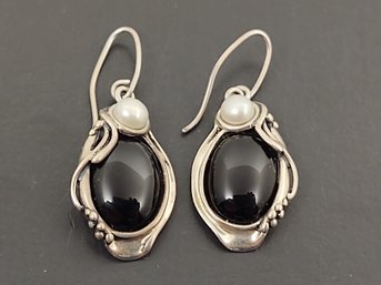 ISRAEL DESIGNER HAGIT GORALI BRUTALIST STERLING SILVER ONYX & PEARL EARRINGS