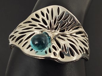 ISRAEL DESIGNER HAGIT GORALI BRUTALIST STERLING SILVER AQUA GLASS CUFF BRACELET