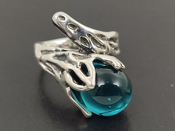 ISRAEL DESIGNER HAGIT GORALI BRUTALIST STERLING SILVER AQUA GLASS BYPASS RING