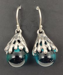 ISRAEL DESIGNER HAGIT GORALI BRUTALIST STERLING SILVER AQUA GLASS EARRINGS