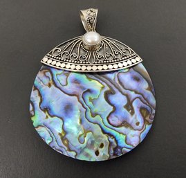 DESIGNER MERAN STERLING SILVER ABALONE & PEARL BALI STYLE PENDANT