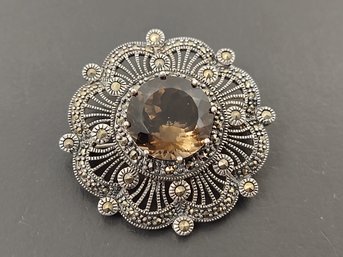 STUNNING STERLING SILVER SMOKY QUARTZ & MARCASITE PENDANT / BROOCH