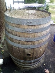 Rustic Vintage Wood Barrel With Metal Straps - Outdoor Item.    /outsideGar