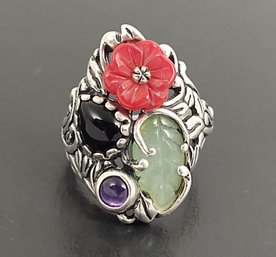 DESIGNER CAROLYN POLLACK VINEYARD STERLING SILVER CARVED MULTI STONE RING