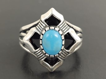 SOUTHWESTERN DESIGNER CAROLYN POLLACK STERLING SILVER TURQUOISE & ONYX RING