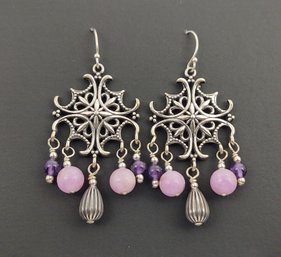 DESIGNER CAROLYN POLLACK STERLING SILVER RHODONITE & AMETHYST EARRINGS