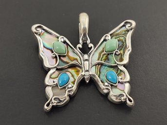 CAROLYN POLLACK STERLING SILVER ABALONE TURQUOISE BUTTERFLY ENHANCER PENDANT