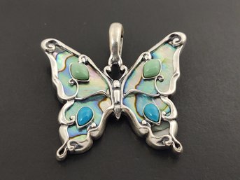 CAROLYN POLLACK STERLING SILVER ABALONE TURQUOISE BUTTERFLY ENHANCER PENDANT