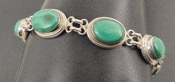 BEAUTIFUL CHUNKY STERLING SILVER MALACHITE CABOCHON BRACELET