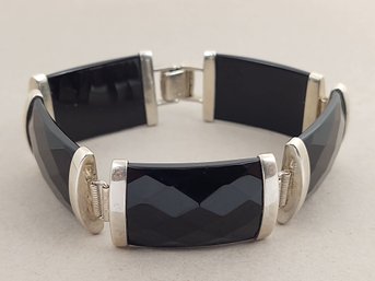 BEAUTIFUL STERLING SILVER FACETED ONYX PANEL BRACELET