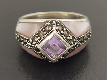 STUNNING STERLING SILVER MOTHER OF PEARL AMETHYST & MARCASITE RING