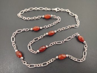 ITALIAN MILOR STERLING SILVER FACETED CARNELIAN BEAD NECKLACE