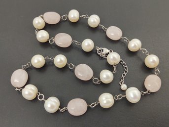 BEAUTIFUL STERLING SILVER 10mm PEARL & ROSE QUARTZ NECKLACE