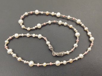 BEAUTIFUL STERLING SILVER PINK & WHITE PEARLS NECKLACE W/ MARCASITE CLASP