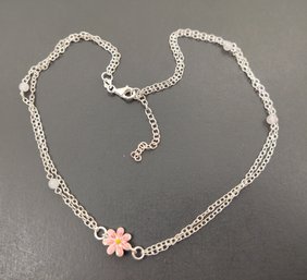 BEAUTIFUL DOUBLE STRAND STERLING SILVER ENAMEL FLOWER NECKLACE W/ ROSE QUARTZ