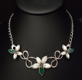 CAROLYN POLLACK STERLING SILVER MOTHER OF PEARL & CHRYSOPRASE FLOWER NECKLACE