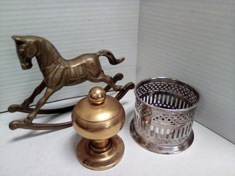 Engraved 'Stamford, CT - Accurate'  On Brass Footed Bowl With Lid, Brass Rocking Horse TA/A4