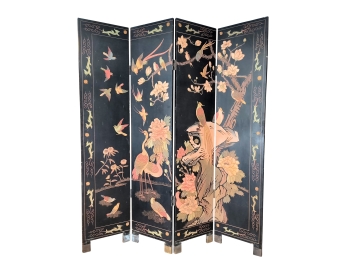 Gorgeous Vintage Asian Folding Screen / Room Divider With Raised Hand-painted Designs