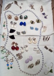 Large Group Of Clip On & Screw On Earrings Plus 3 Pins, A Pendant & Silver Tone Bead Necklace MP/D3