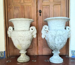 Pair Of Vintage Cast Concrete Urns / Garden Planters With Ram's Head Handles