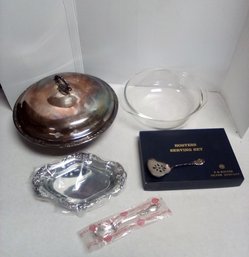 Silver Plate Camille 6062 Covered Dish With Pyrex 1/2 Qt. Bowl Plus Hostess Serving Set MP/CV4