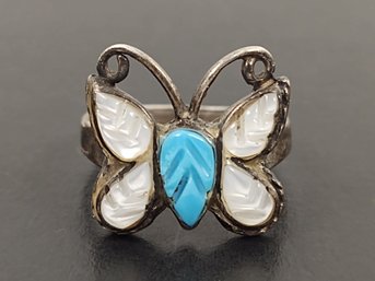 VINTAGE NATIVE AMERICAN STERLING SILVER MOTHER OF PEARL / TURQUOISE BUTTERFLY RING