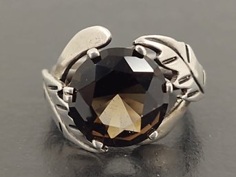 VINTAGE MEXICAN DESIGNER STERLING SILVER SMOKY QUARTZ LEAF DESIGN RING