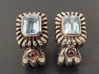 VINTAGE STERLING SILVER BLUE TOPAZ & GARNET EARRINGS