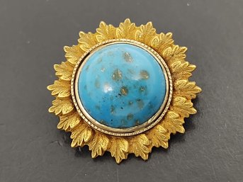 ANTIQUE GOLD FILLED BLUE CZECH GLASS FLOWER PIN / BROOCH