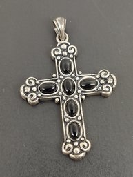 VINTAGE STERLING SILVER ONYX CABOCHON CROSS PENDANT