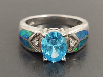 BEAUTIFUL STERLING SILVER AQUAMARINE / CZ / SYNTHETIC OPAL RING