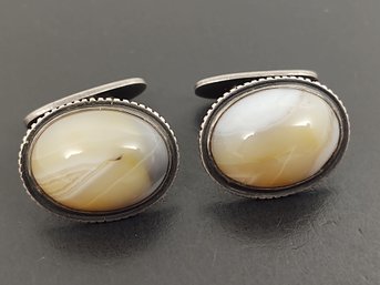 VINTAGE SIGNED MID CENTURY DESIGNER STERLING SILVER AGATE CUFFLINKS