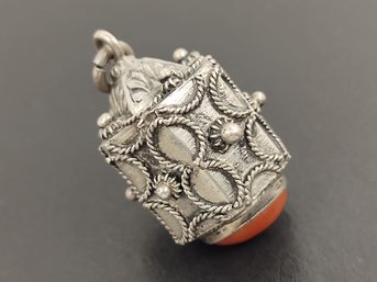 ANTIQUE ETRUSCAN REVIVAL 800 SILVER CORAL CABOCHON CHARM / PENDANT