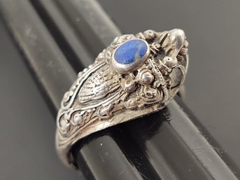 VINTAGE STERLING SILVER LAPIS DRAGONS HEAD RING