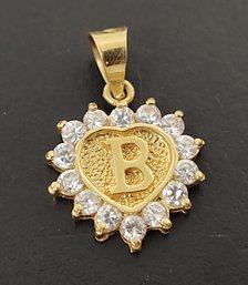 VINTAGE 18K GOLD CZ HEART PENDANT W/ INITIAL 'B'